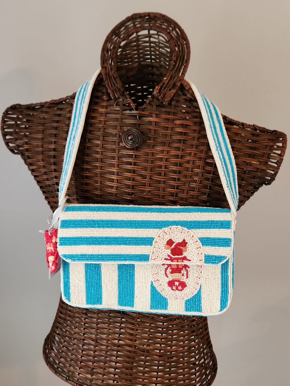 Handcrafted Blue & White Striped Beaded Shoulder Bag
